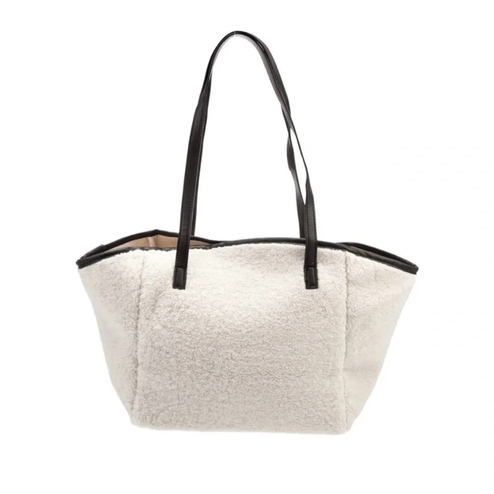 NEIMAN MARCUS Faux Fur Sherpa Shoulder Bag, off white